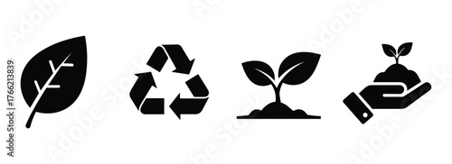 Nature and ecology icons set leaf recycle sprout hand plant symbol green environment