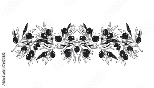 Olive Branch Decorative Border Black and White Mediterranean Design Element