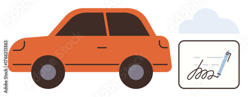Orange car next to a signed document symbolizes vehicle purchase or rental. Ideal for car ownership, leasing, insurance, permits, agreements, dealership processes, legal forms. Simple flat metaphor