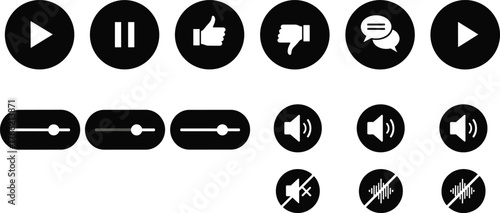 Media control icons, play pause thumbs chat speaker buttons, sound settings, user interface elements, vector design, communication symbols