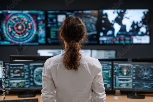 A professional woman standing confidently in front of a row of multiple computer monitors in a cybersecurity research center.