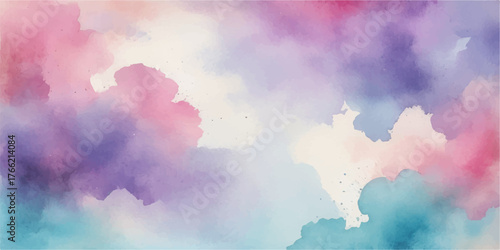 Abstract watercolor background of a blue sky with fluffy white clouds, capturing the bright atmosphere of a summer day