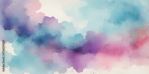 Abstract watercolor background with fluffy white clouds, blue sky, and bright summer sunlight