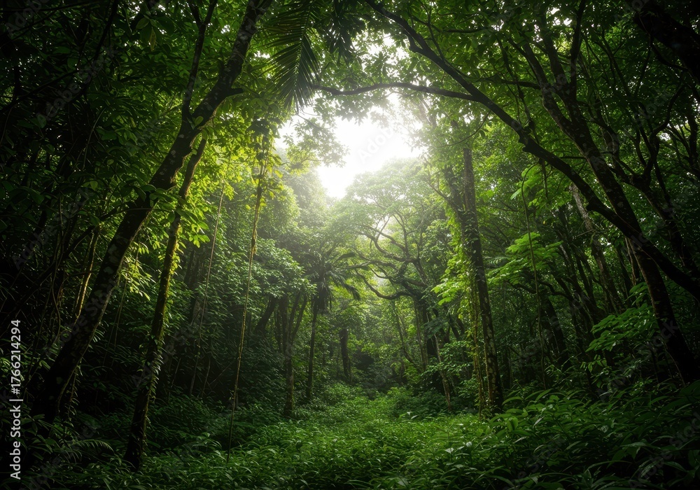 Naklejka premium Intense sunlight filters through the dense, vivid green canopy of a lush tropical volcanic island jungle, highlighting the vibrant ecosystem ,vegetation ,illumination ,growth