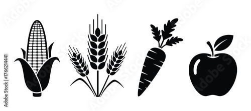 Set of black and white icons of various crops and fruits including corn wheat carrot and apple