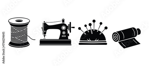 Sewing and Tailoring Equipment Icons Set Thread Machine Pin Cushion Fabric Vector