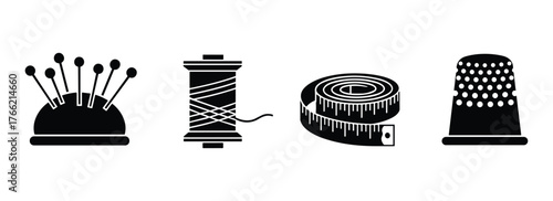 Sewing Tools Kit Icons Set Pin Cushion Thread Spool Tape Measure Thimble