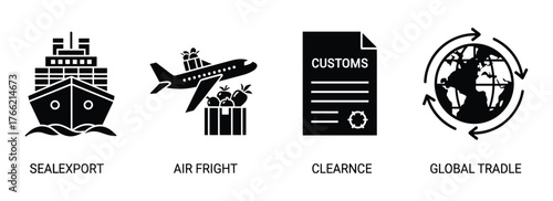 Shipping and logistics icons set showcasing sea export air freight customs clearance and global trade