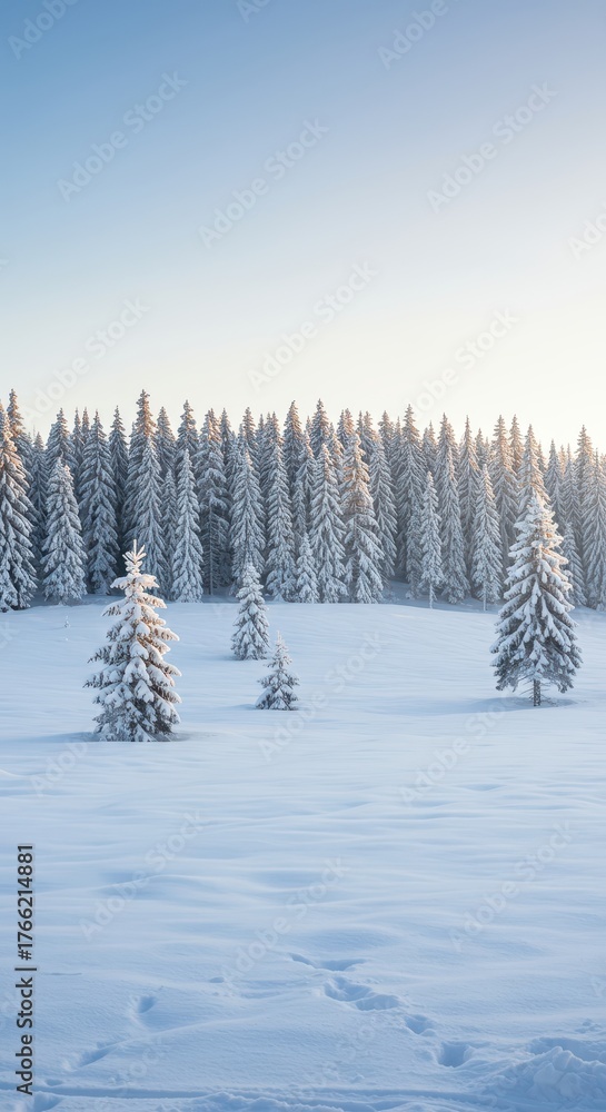 Naklejka premium A pristine, silent winter forest bathed in soft morning light. Thick blanket of fresh powder snow covers evergreen trees and rolling terrain ,white ,cool ,weather