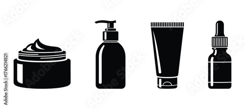 Skincare Cosmetic Products Black Silhouette Icons Collection Set on White Background