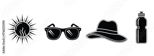 Summer Essentials Icons Sun Sunglasses Hat Water Bottle Protection