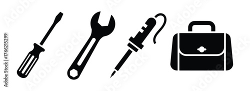 Tool Kit Icons Screwdriver Wrench Soldering Iron Briefcase Mechanic Equipment Repair Service Symbol