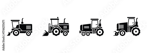 Agricultural farm tractor and combine harvester machinery icon set for farming industry
