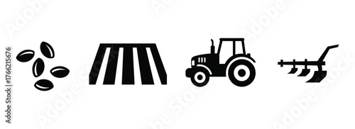 Agricultural Farming Icons Seeds Field Tractor Plough Plowing Cultivation Harvest Farmland
