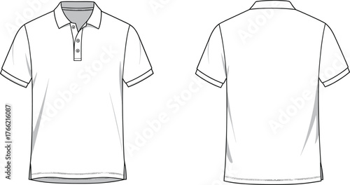 Polo shirt technical flat front and back view fashion design template with collar button placket, cad drawing flat vector illustration
