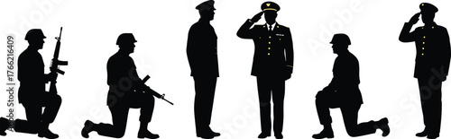 Military soldiers and officers saluting and kneeling silhouette in uniform with respect posture, cad drawing flat vector illustration
