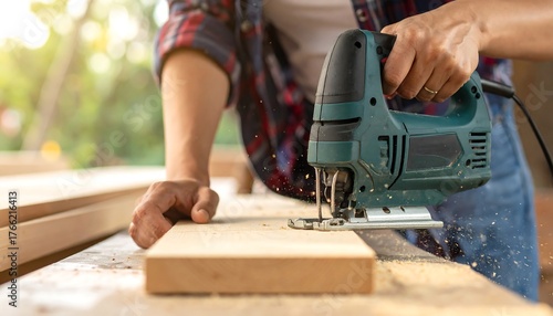 A person uses a jigsaw, creating sawdust on a wooden surface