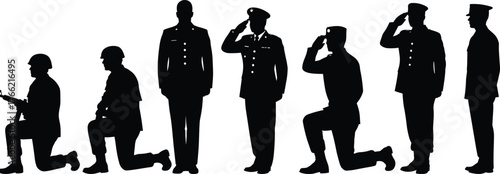 Army soldiers and military officers saluting and kneeling in respect formation silhouette art, cad drawing flat vector illustration