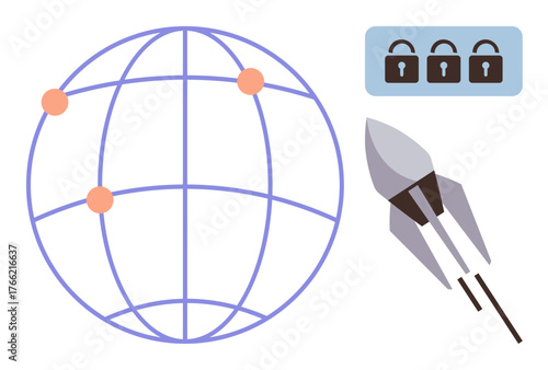 Globe with highlighted nodes, rocket symbolizing advancement, padlocks for cybersecurity. Ideal for technology, innovation, internet security, data protection, global communication, growth