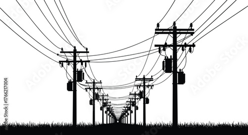 Electric power line poles with high voltage wires and transformers in perspective view, infrastructure energy system, cad drawing flat vector illustration