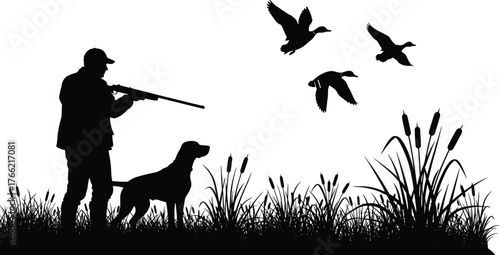Hunter with dog aiming at flying ducks in nature field, outdoor wildlife hunting scene silhouette, cad drawing flat vector illustration