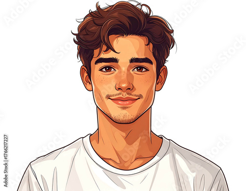 Man's portrait with wavy brown hair, smiling, wearing a white shirt. Digital illustration