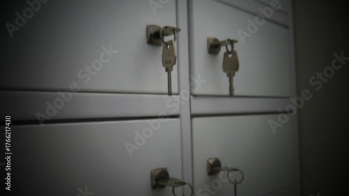 Close-up of many metal safe deposit boxes with keys sticking out of the door wells