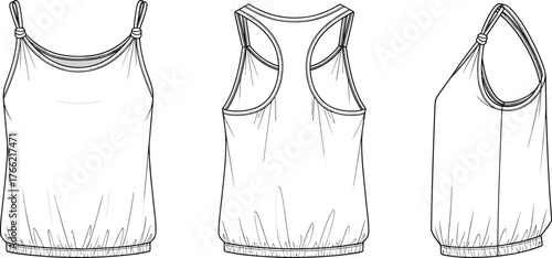Women sleeveless tank top with knotted shoulder straps and elastic hem, fashion clothing technical template front and back, cad drawing flat vector illustration