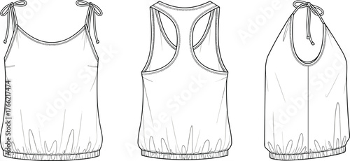 Women sleeveless tank top with bow tie shoulder straps and elastic hem, summer fashion clothing template, cad drawing flat vector illustration