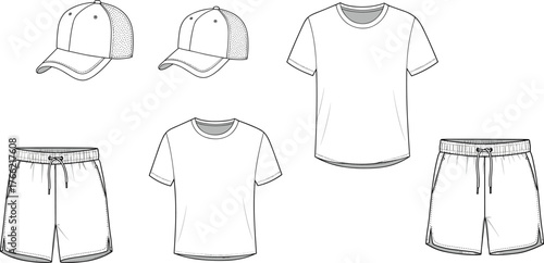 Baseball cap, t shirt and shorts clothing template, fashion apparel technical sketch, sportswear outfit design, cad drawing flat vector illustration