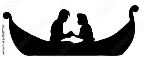 black silhouette of a couple riding a wooden boat