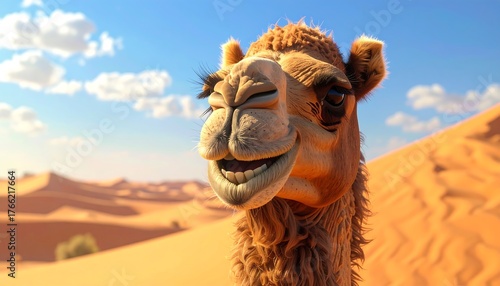 Fototapeta Naklejka Na Ścianę i Meble -  A smiling cartoon camel in the desert with sand dunes and bright sky