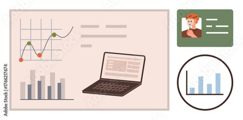 Laptop displaying data, bar and line graphs tracking trends, profile on ID card, zoomed graph detail. Ideal for data monitoring, analysis, business, finance, education project management teamwork