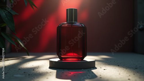 Dark red perfume bottle under dramatic lighting