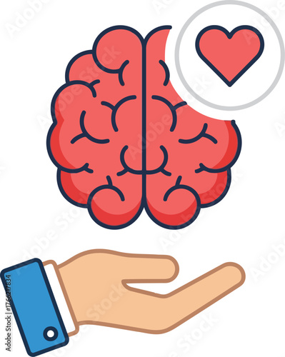 Caring hand holding brain with heart symbol represents mental health support and emotional well being awareness concept vector