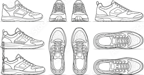 Collection of sneaker outline drawings showing side front and top views on a white background design asset