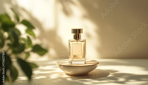 Golden perfume bottle with warm sunlight and natural background