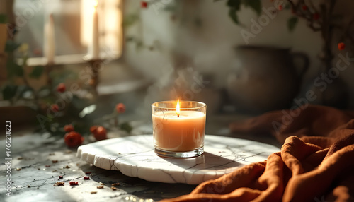Cozy candle scene with natural warm lighting and soft textures