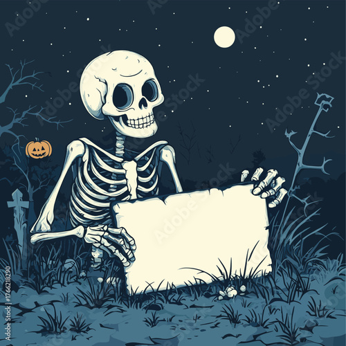 Spooky skeleton with a blank sign in a haunted graveyard at night, Halloween scene.   , vector style simple color