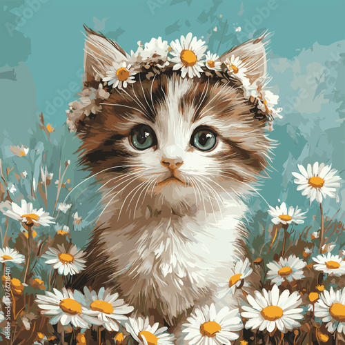 Adorable kitten with flower crown sitting in a field of daisies.   , vector style simple color