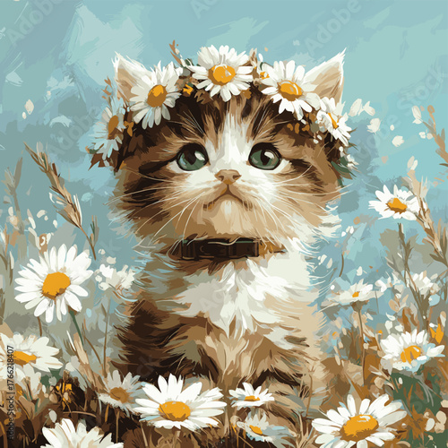 Adorable kitten with flower crown sitting in a field of daisies.   , vector style simple color