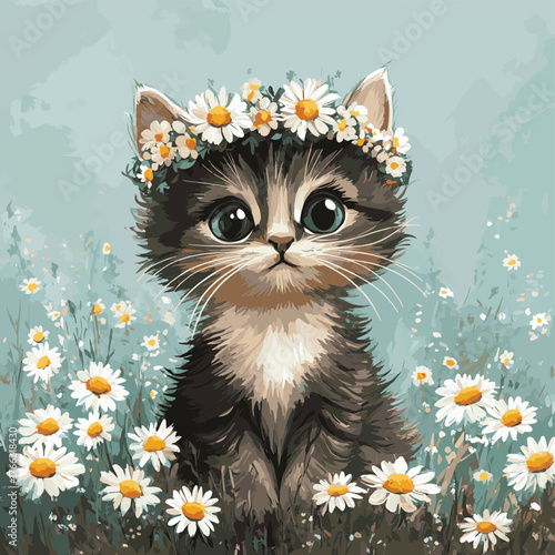 Adorable kitten with flower crown sitting in a field of daisies.   , vector style simple color
