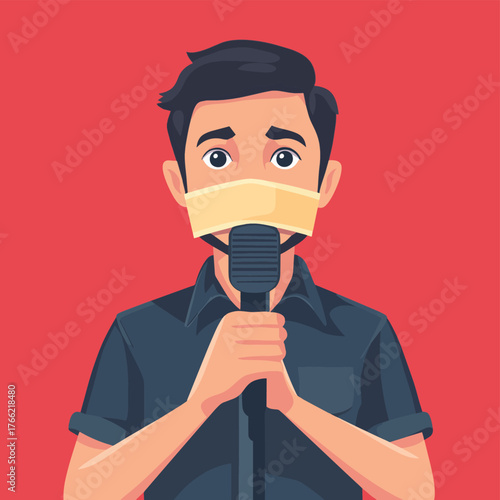 Illustration of a man with tape over his mouth holding a microphone, symbolizing censorship.   , vector style simple color