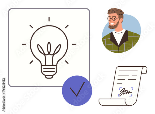 Light bulb symbolizing creativity, person in casual attire, signed document with check mark. Ideal for innovation, decision-making, teamwork, creativity, entrepreneurship, ideas and management
