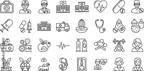 Collection of medical and health related line icons depicting various healthcare elements and concepts