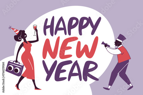 Happy New Year Party Vector Illustration. A couple celebrating New Year's Eve with a DJ, created in a festive paper cut style. Ideal for greeting cards, posters, and social media.