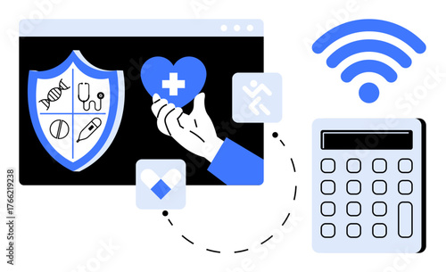 Healthcare shield, hand holding heart, wireless symbol, calculator connected by icons. Ideal for telemedicine, insurance, health access, safety finance data and remote care. Clean flat metaphor