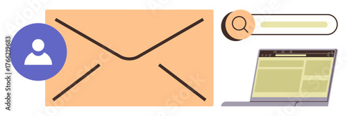 Large envelope with user icon, search bar, and laptop representing email communication, data search, and online interaction. Ideal for messaging, marketing, networking, technology research user