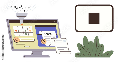 Monitor displaying invoice form, funnel with binary data, documents, dollar sign, and progress grid. Ideal for finance, automation, billing, data analysis productivity bookkeeping simple flat