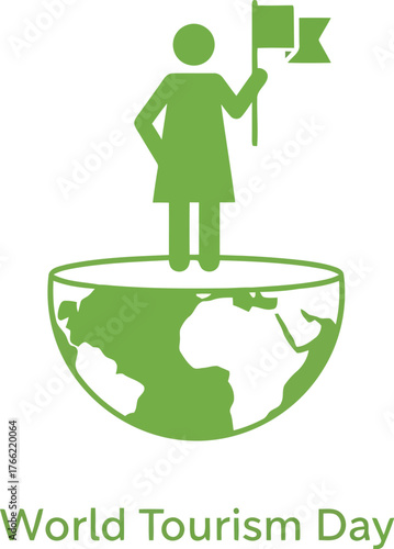 Green person figure on a hemisphere earth with flag celebrating world tourism day concept vector